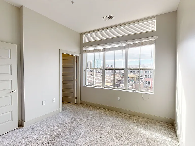 Spacious apartment bedroom with large closet and plush carpet flooring.