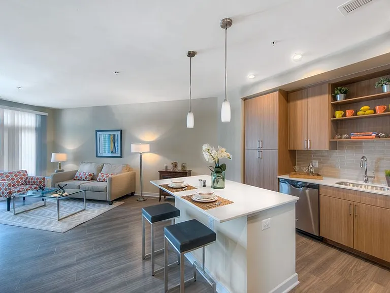 Open concept living area and kitchen with quartz countertop, island, tile backsplash, stainless steel appliances and hard surface flooring