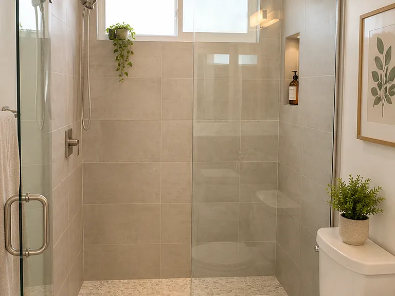 Large walk-in shower with frameless glass enclosure
