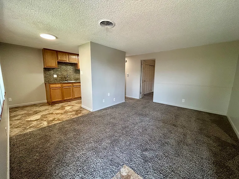 Inviting op en-concept living space with plush carpet, adjoining a cozy kitchen with wood cabinets and stylish tile flooring. Inviting op en-concept living space with plush carpet, adjoining a cozy kitchen with wood cabinets and stylish tile flooring.