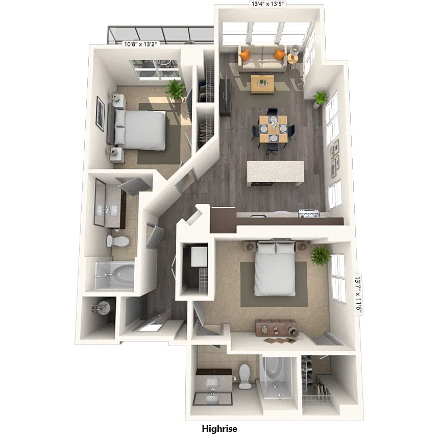 Floor plan High Rise Traditional 2x2 1035-1149 SF