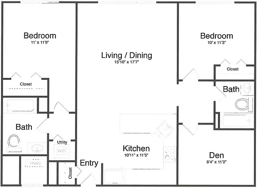 Floor plan 2 Bed/2 Bath Den-1N