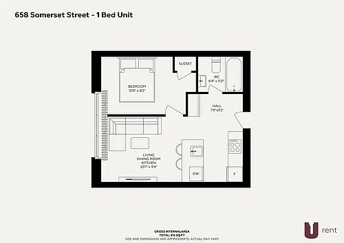 Floor plan 1 Bedroom 1 Bed 1 Bath 3