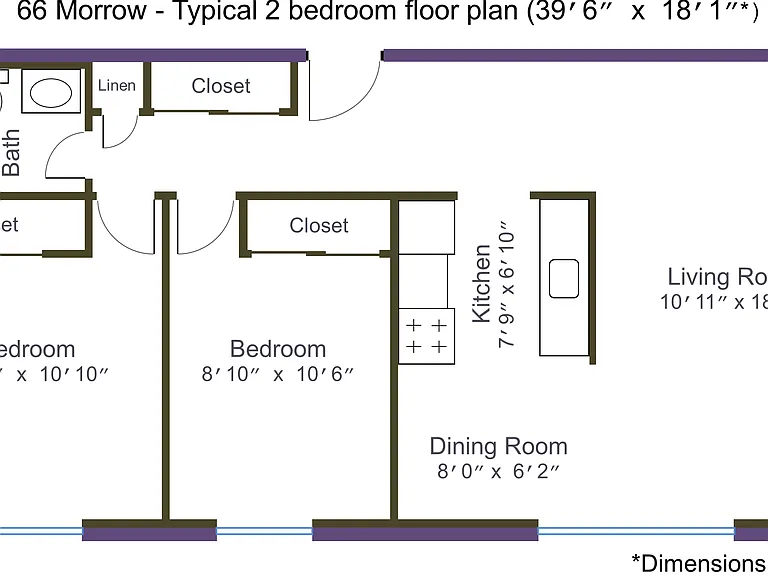 Typical 2 bedroom floor plan for 66 Morrow, dimensions may vary.