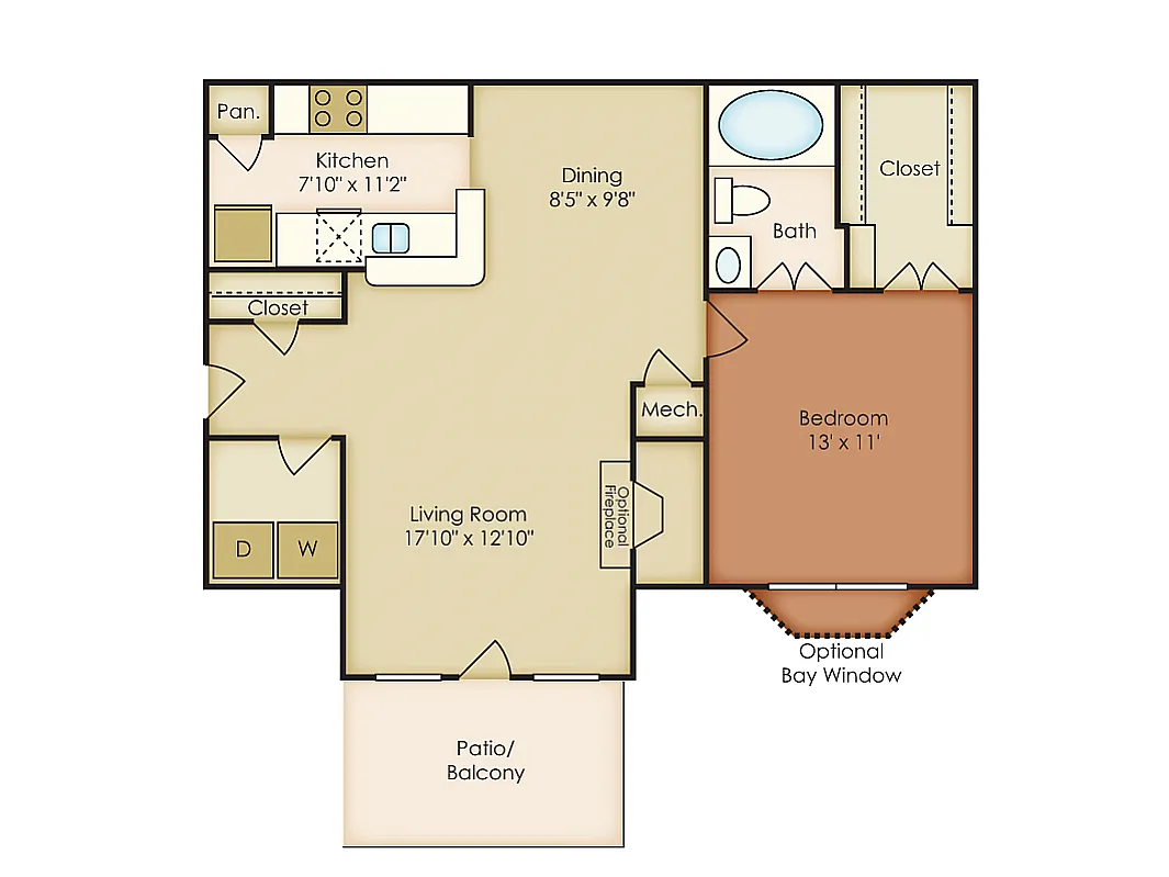 Floor plan 1 Bed, 1 Bath B Upgraded (80% Income Restricted)