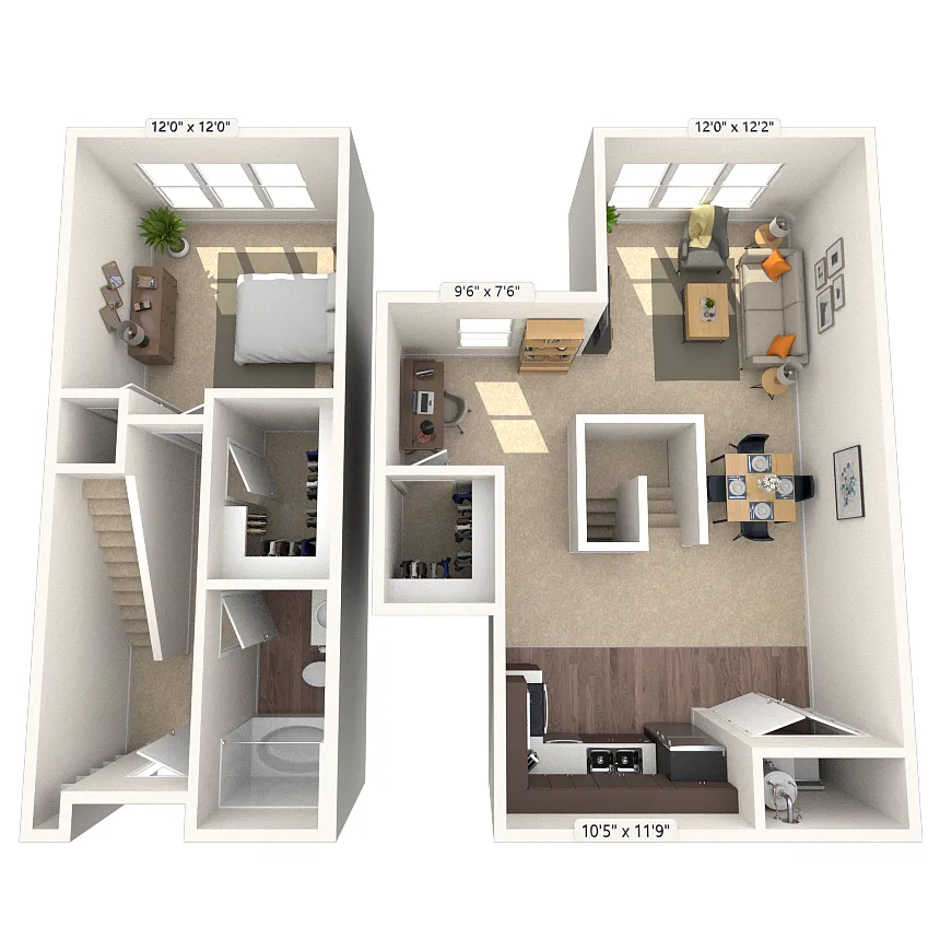 Floor plan Dual Level 1x1 680-1175 SF