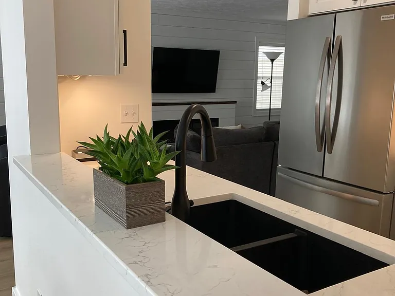 Kitchen with lake views
