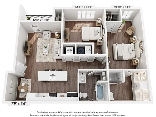 Floor plan 2 Bedroom, 2 Bathroom B2