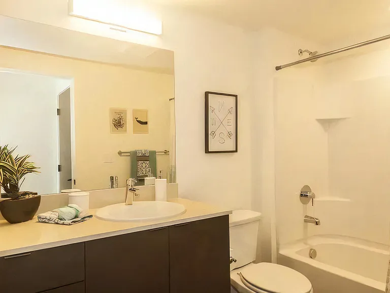 Spacious Bathrooms with Mounted Lighting and Plenty of Storage Space