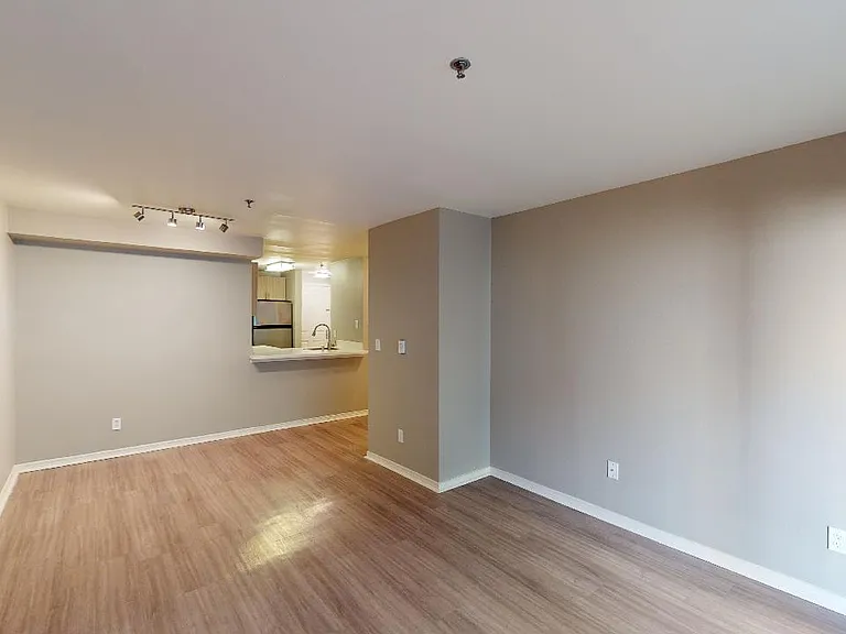 Apartment kitchen with stainless steel appliances, dining and living room with wood-style flooring.