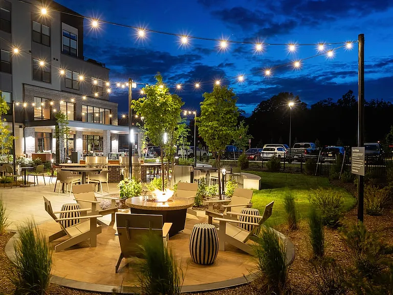 2 Campus courtyard with fireplace and lounge seating