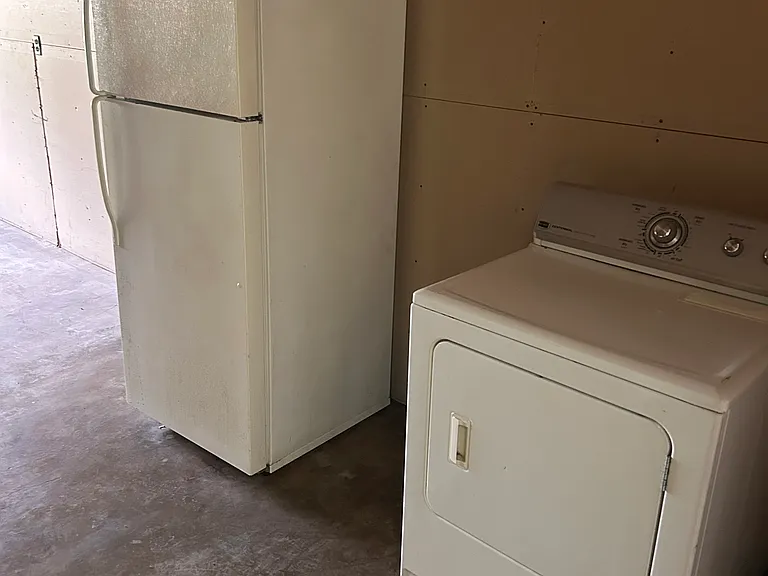 Fridge can be moved to kitchen. Dryer included.