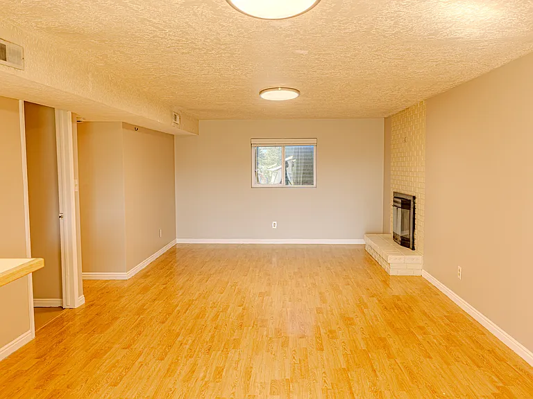 Downstairs living room with fireplace