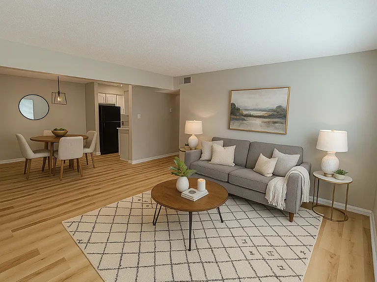 2BR/1BA Living Room, Dining Room, Kitchen (staged using A.i.)