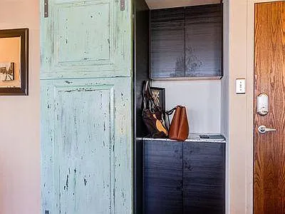 Cabinet storage located next to the washer and dryer.