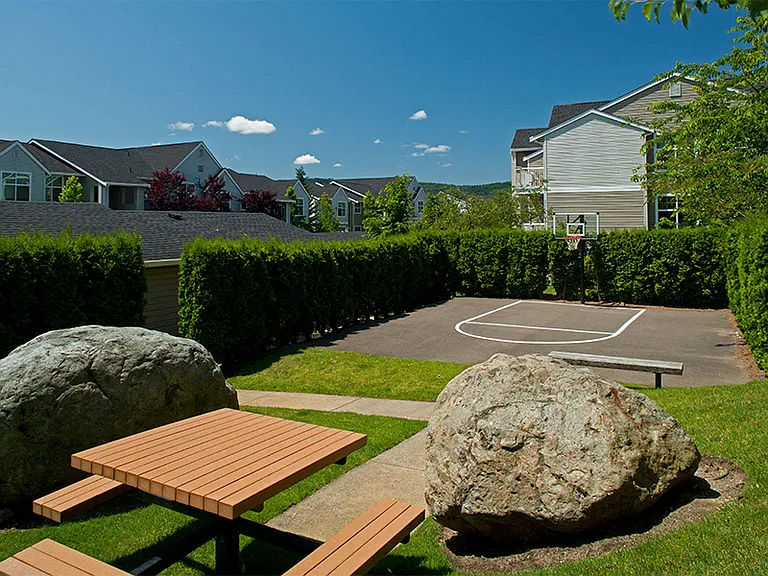 Half-court sports area located within the community with grilling and picnic stations