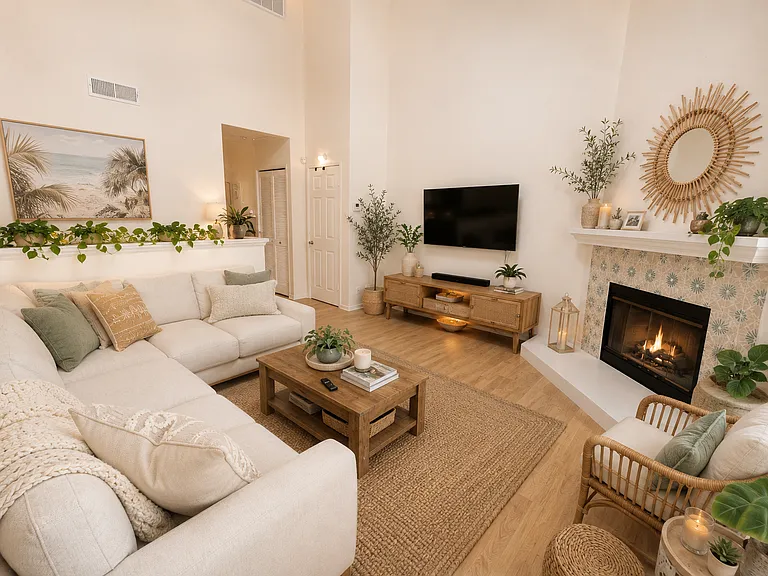 Living room (shown with typical furniture for furnished option) - Fireplace to be retiled prior to move in
