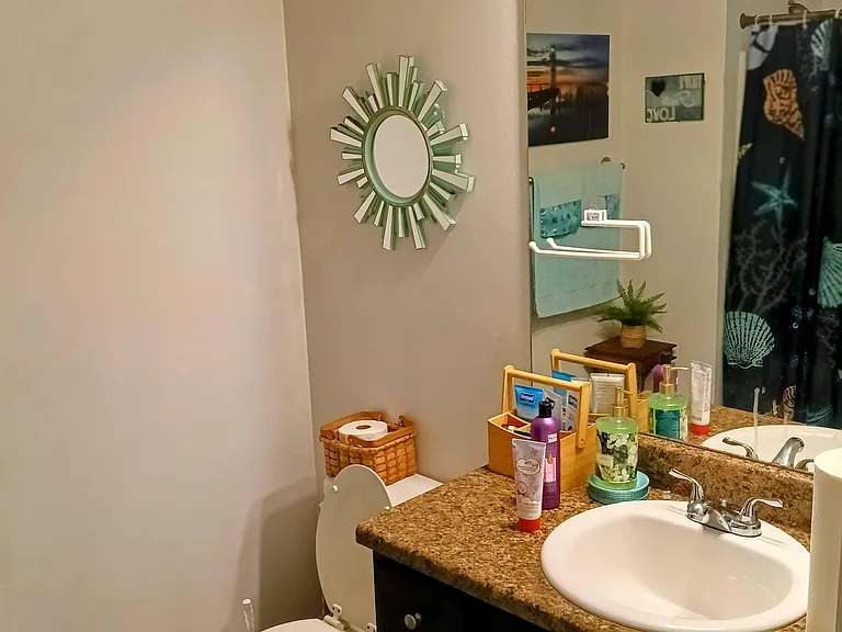 Full bath with a single-sink vanity, large wall mirror, and tub/shower comboplus convenient counter space for daily use.