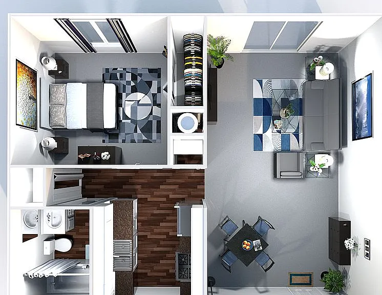 Chic 3D floor plan showcasing an elegant apartment with a cozy bedroom, modern kitchen, stylish dining area, and luxurious living space. Chic 3D floor plan showcasing an elegant apartment with a cozy bedroom, modern kitchen, stylish dining area, and luxur