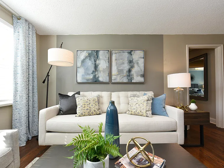 Spacious living room with hardwood-style flooring