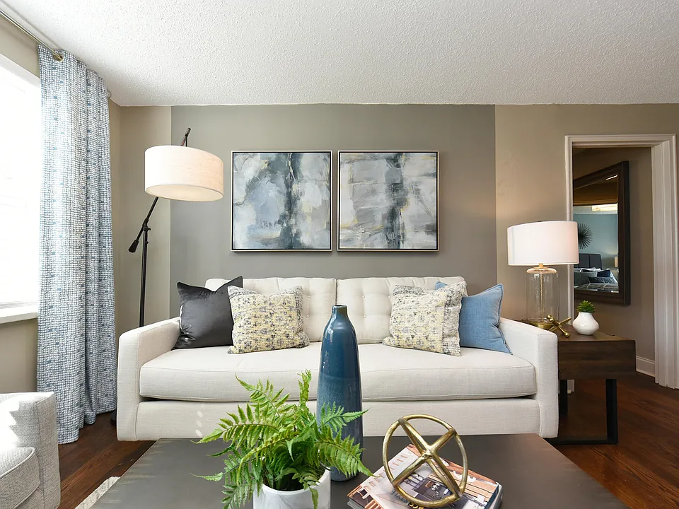 Spacious living room with hardwood-style flooring