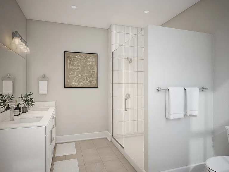 Experience luxury in this coastal modern bathroom with contemporary finishes.
