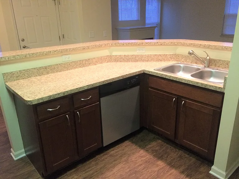 Spacious Countertop with Breakfast Bar and Dual Sinks