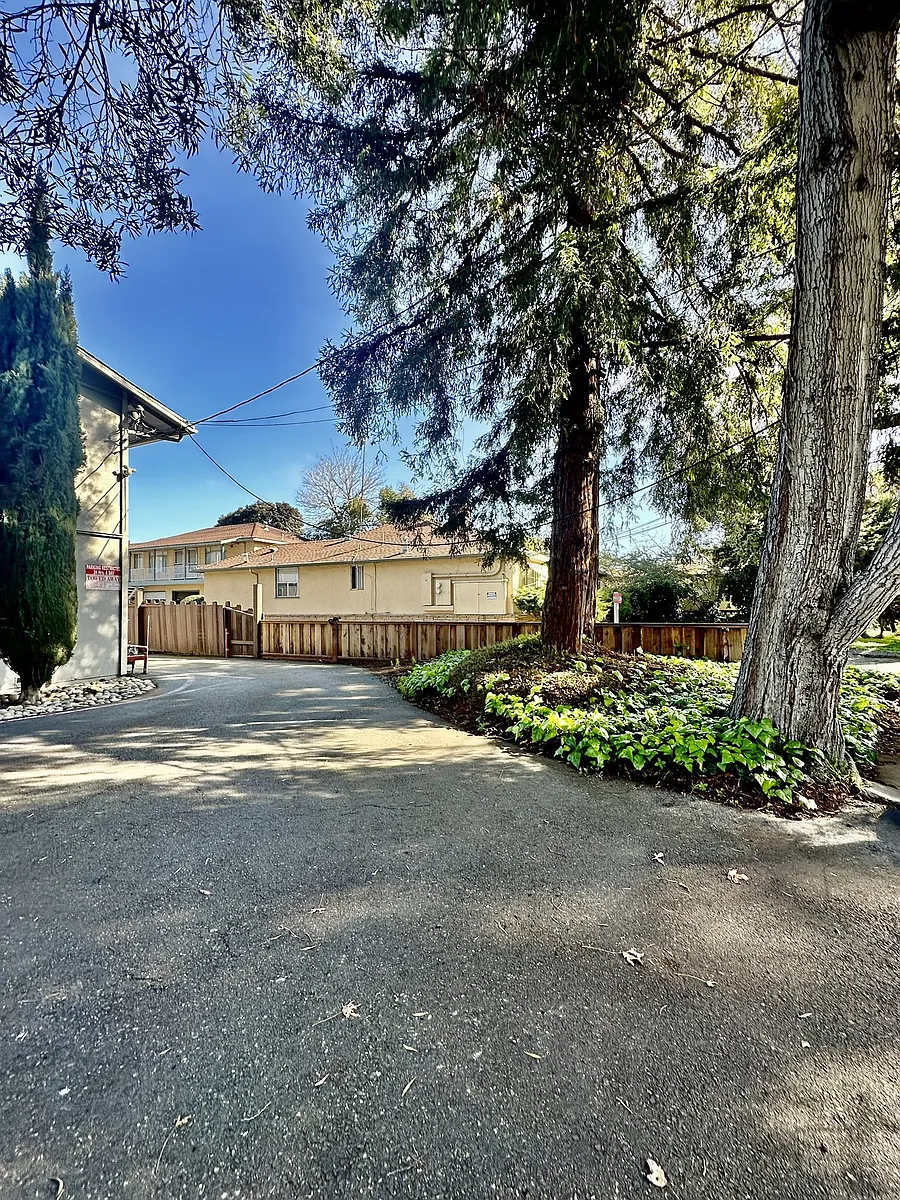 a house with a driveway and trees in front of it - Colony Street Apts