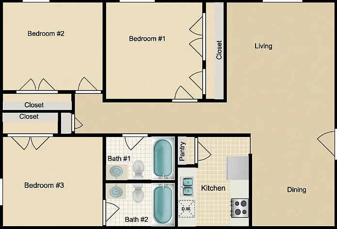 3 Bed 2 Bath Floorplan Diagram