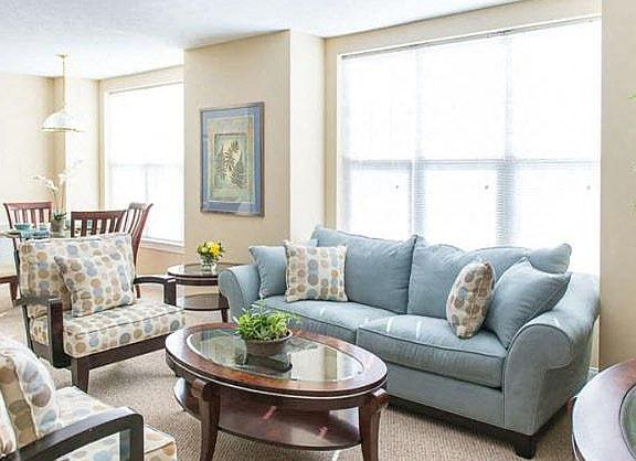 2-bedroom ranch style apartment with great room living and dining areas and large, bright windows