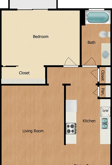 1 Bed 1 Bath Floorplan Diagram