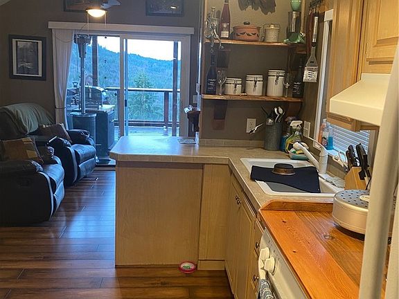 View of kitchen area looking towards living room. 