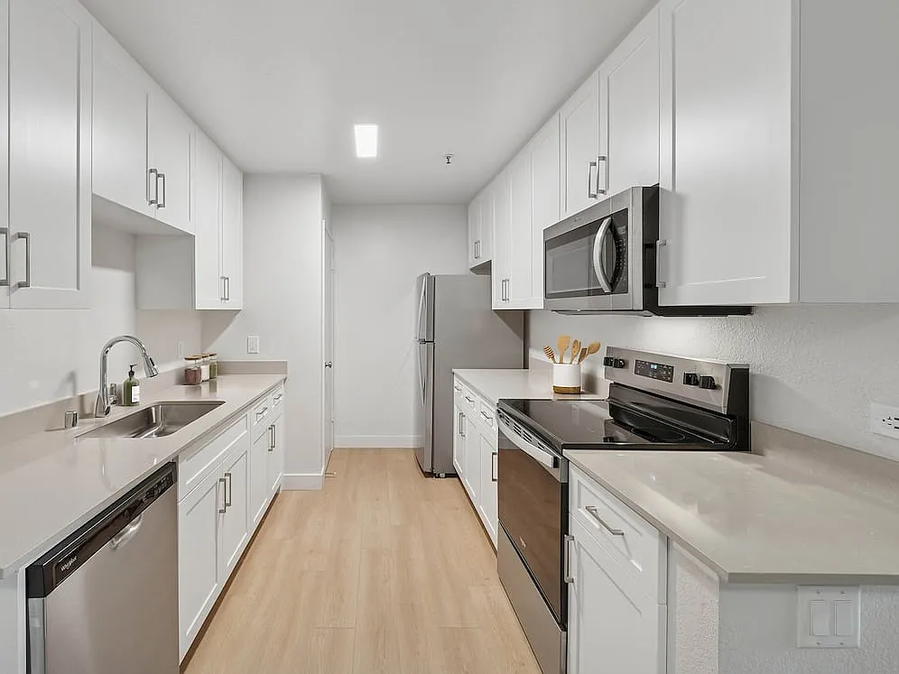 Renovated Package I kitchen with white cabinetry, grey quartz countertops, stainless steel appliances, and hard surface flooring - Avalon Mountain View