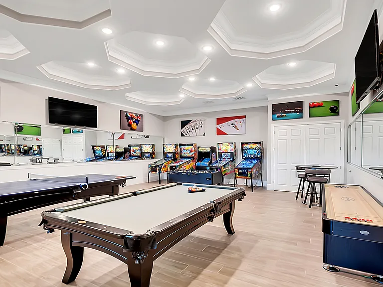 Community game room with billiards, ping pong, video games