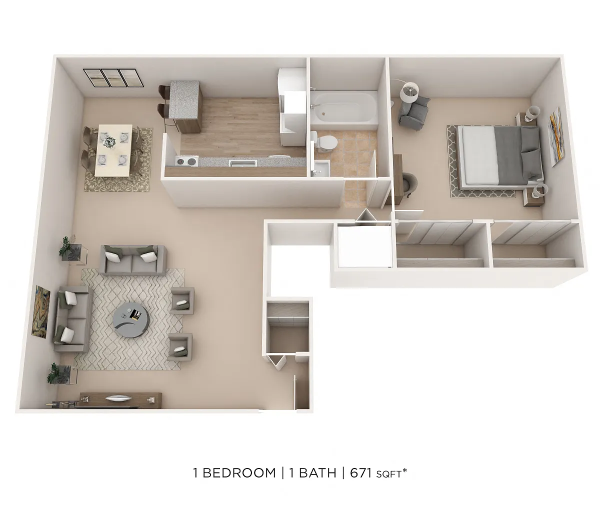 Floor plan One Bedroom- 671 sqft