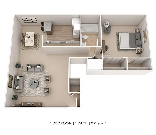 Floor plan One Bedroom- 671 sqft