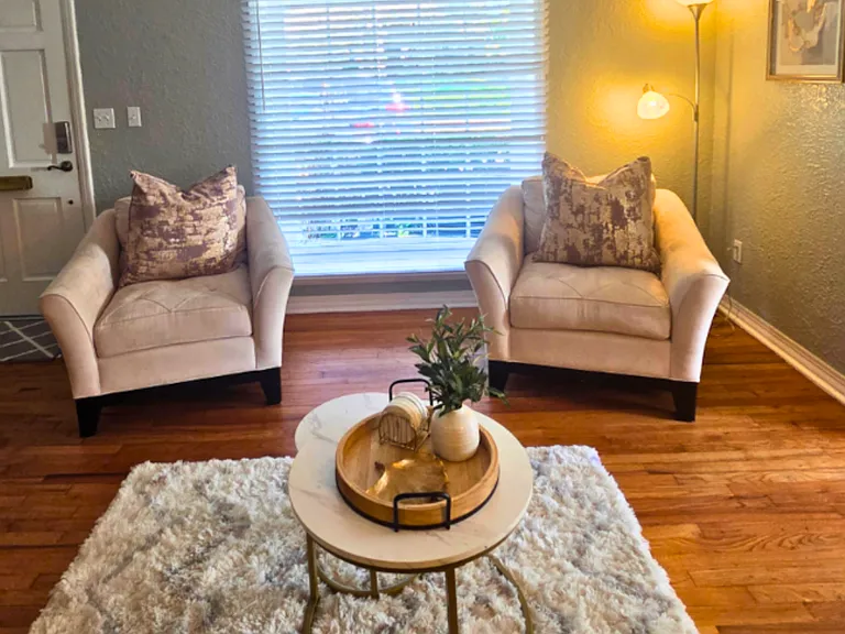 Cozy accent chair with side table perfect for reading or relaxing