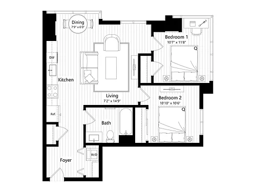 Floor plan HB9 | 2 Bed | 1 Bath