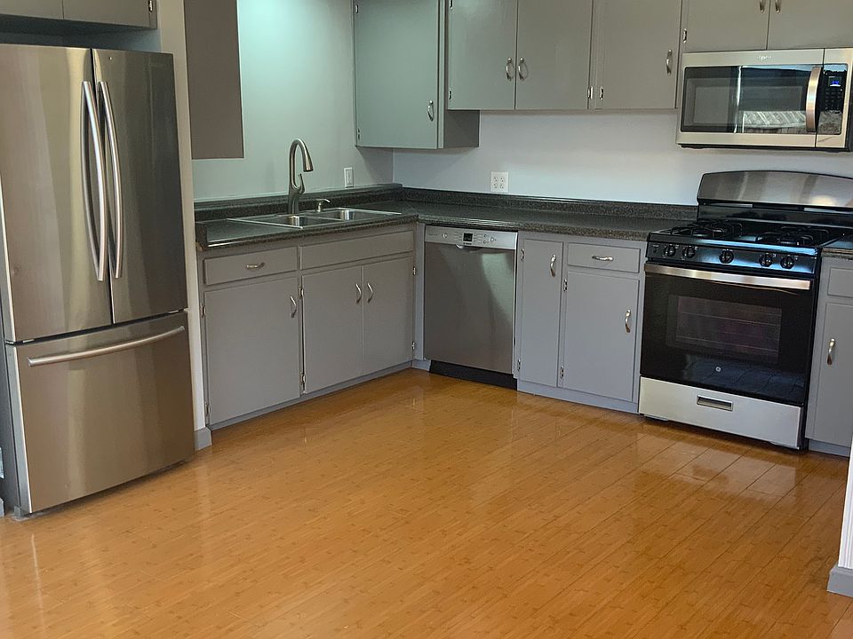 Kitchen with new appliances. Full size refrigerator, dishwasher, 4 burner stove and oven, microwave.
