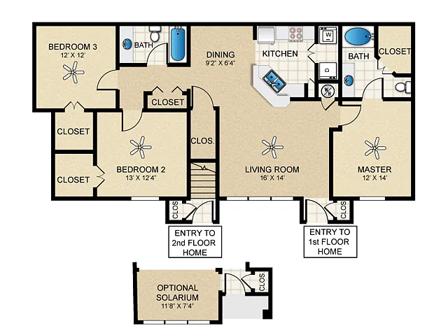 Floor plan 3 Bed, 2 Bath B (80% Income Restricted)