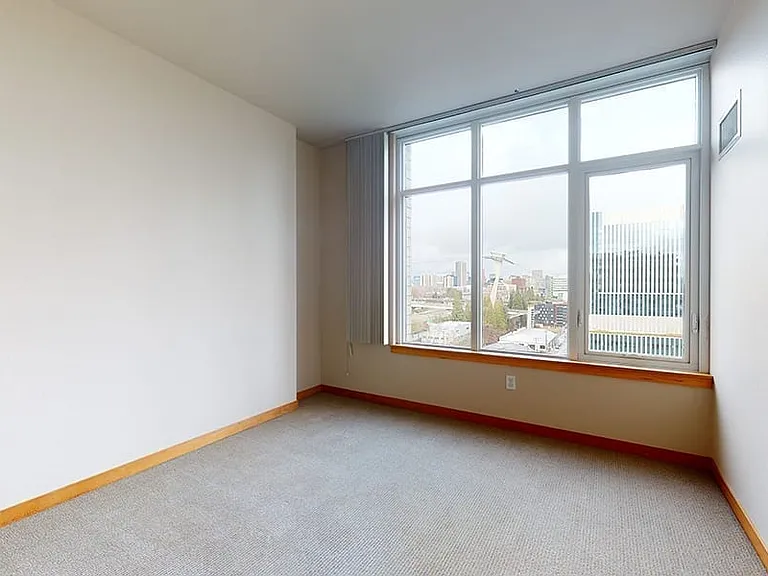 Spacious apartment bedroom with plush carpet flooring.