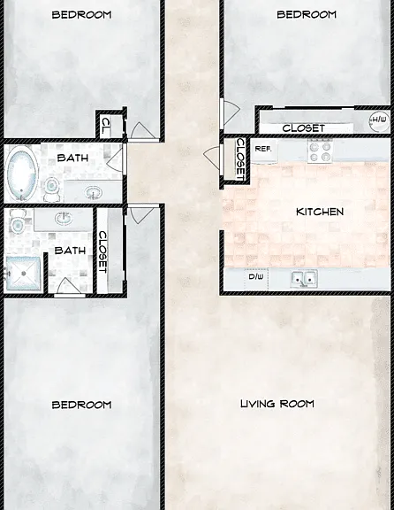 3 Bed 1.5 Bath Floorplan Diagram