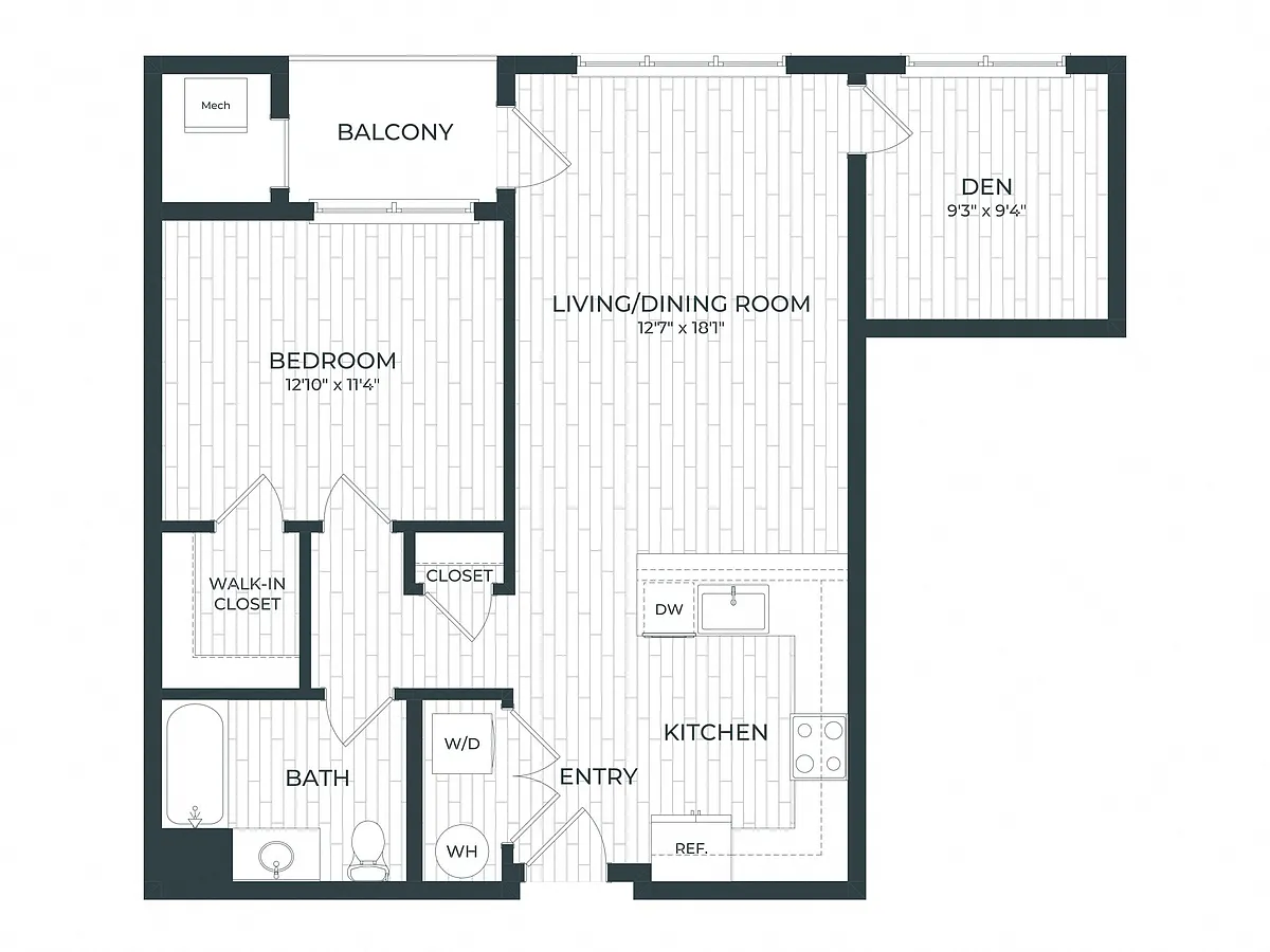 Floor plan A1D | 1 Bed | 1 Bath | Den