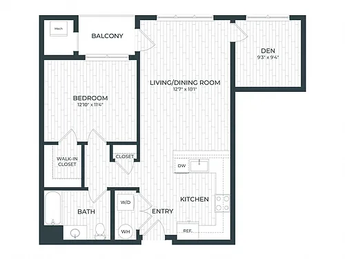 Floor plan A1D | 1 Bed | 1 Bath | Den