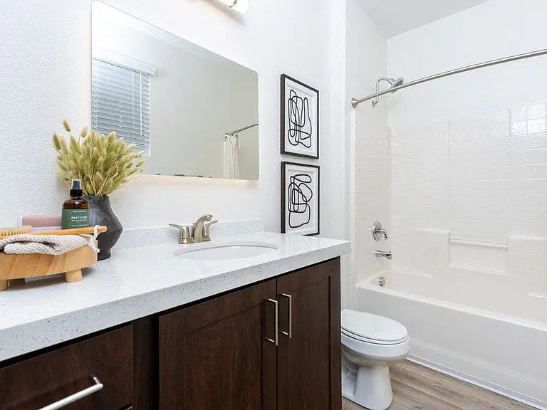 Bathroom with White Tub-Shower Combo, Framed Art, and Wood Cabinetry