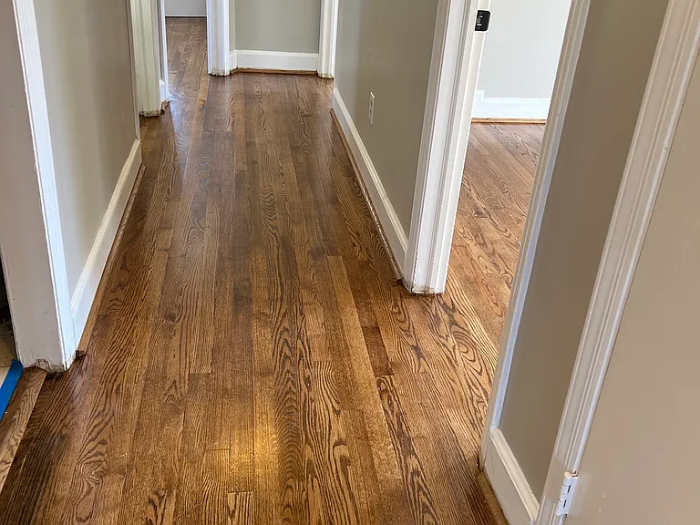 Hallway between living room, kitchen, bedrooms, and main bathroom