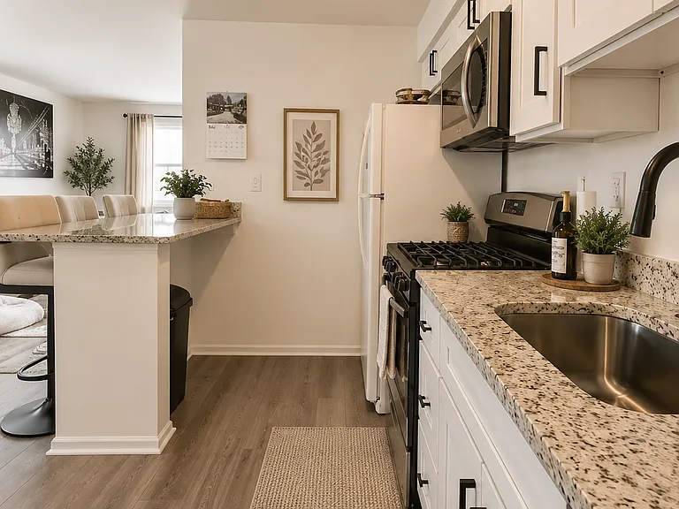 Long view of the updated kitchen showcasing warm neutral tones and modern finishes.