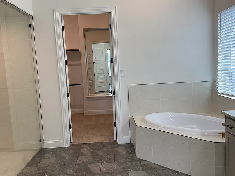 Main bathroom with soaking tub, walk-in closet, and dual sink vanity