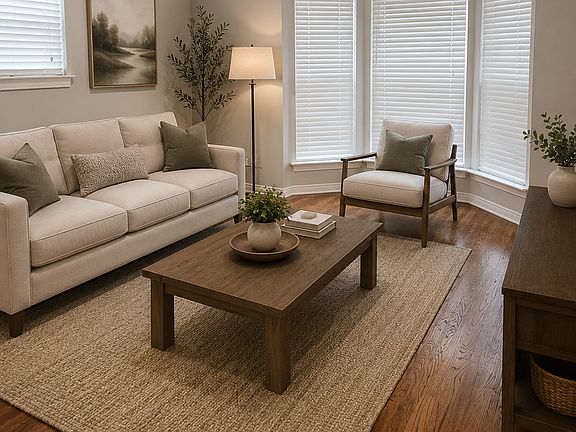 Cozy living room with updated flooring, natural light, and a warm, welcoming feel.