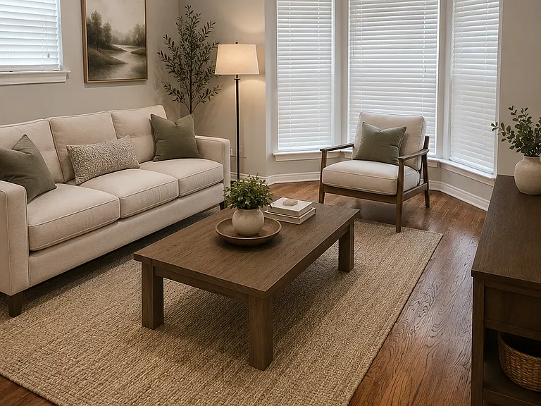 Cozy living room with updated flooring, natural light, and a warm, welcoming feel.